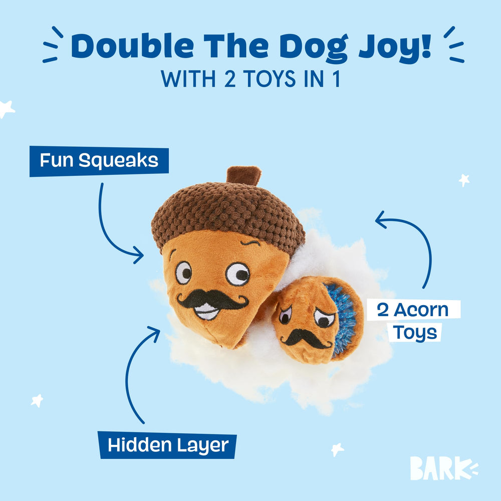 Barkbox Monsieur Acorn tearable interior reveals hidden toy for interactive chewing.