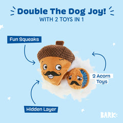 Barkbox Monsieur Acorn tearable interior reveals hidden toy for interactive chewing.