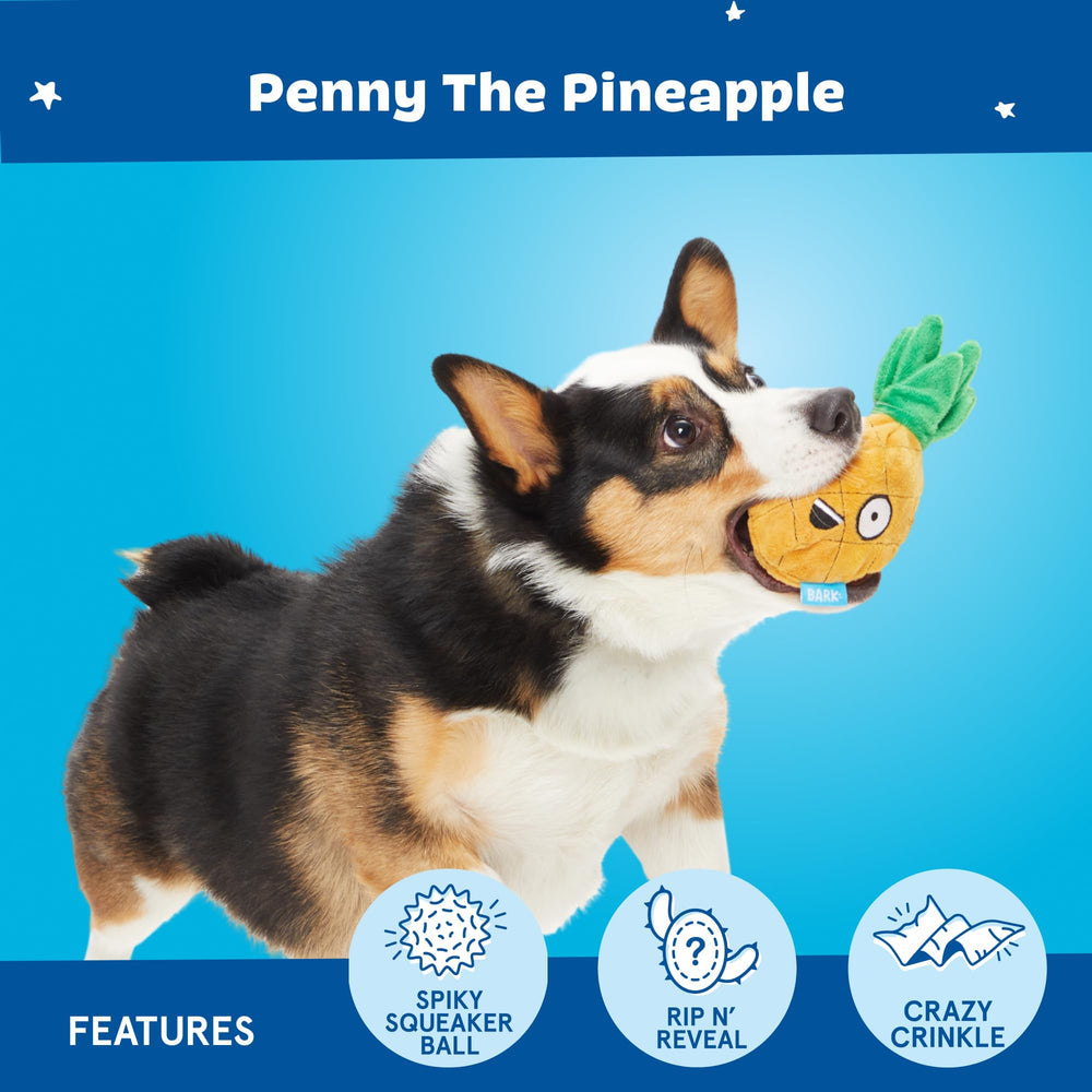 BarkBox Penny The Pineapple crinkle material closeup enhances sensory engagement during chew time.