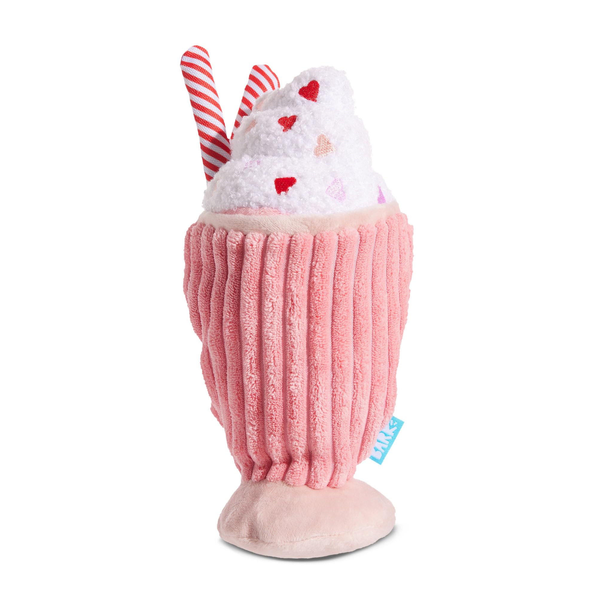 BarkBox Red Whine Milkshake toy front view offers durable squeak for interactive play.