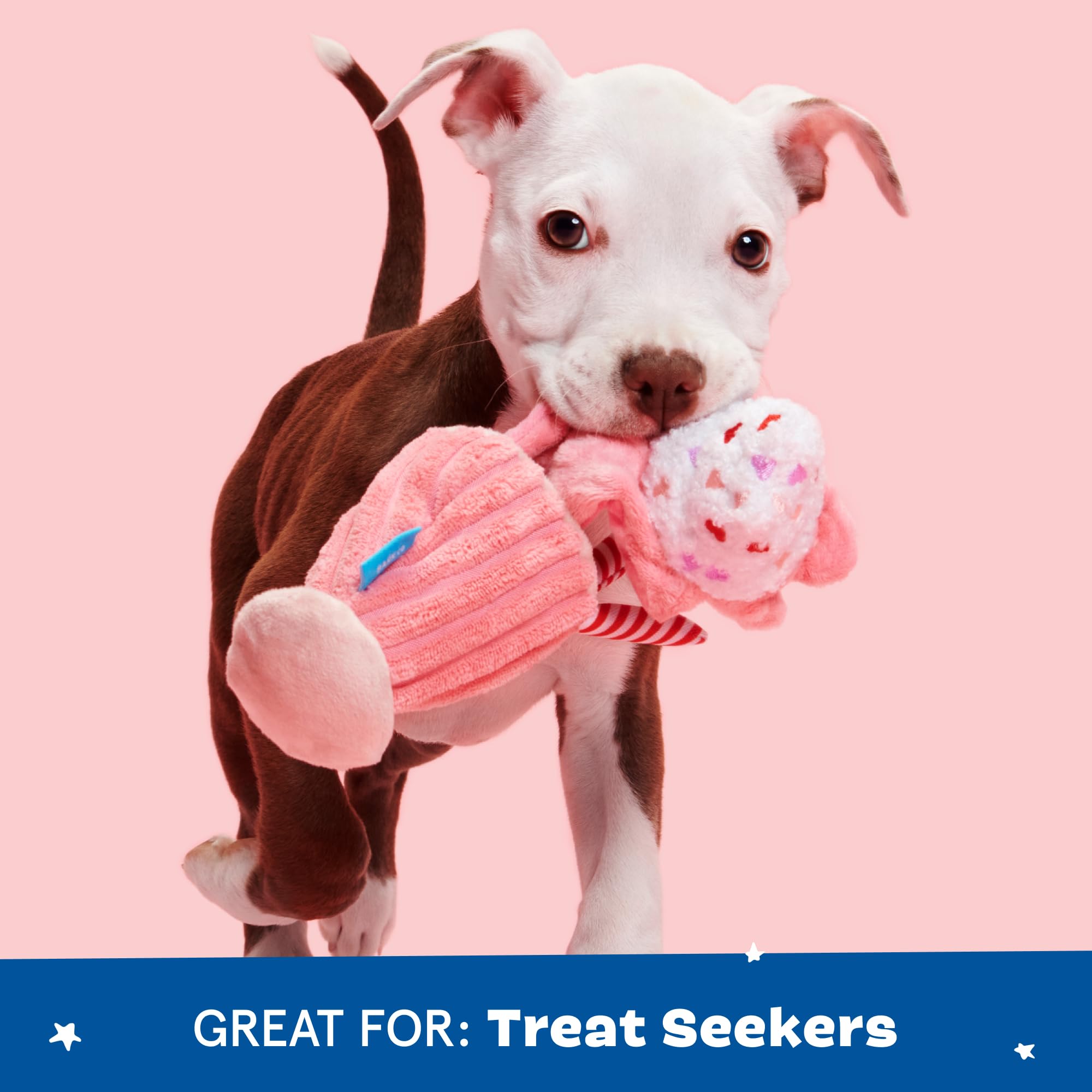 BarkBox Red Whine Milkshake hidden-treat-pocket promotes sniff-and-search play sessions.