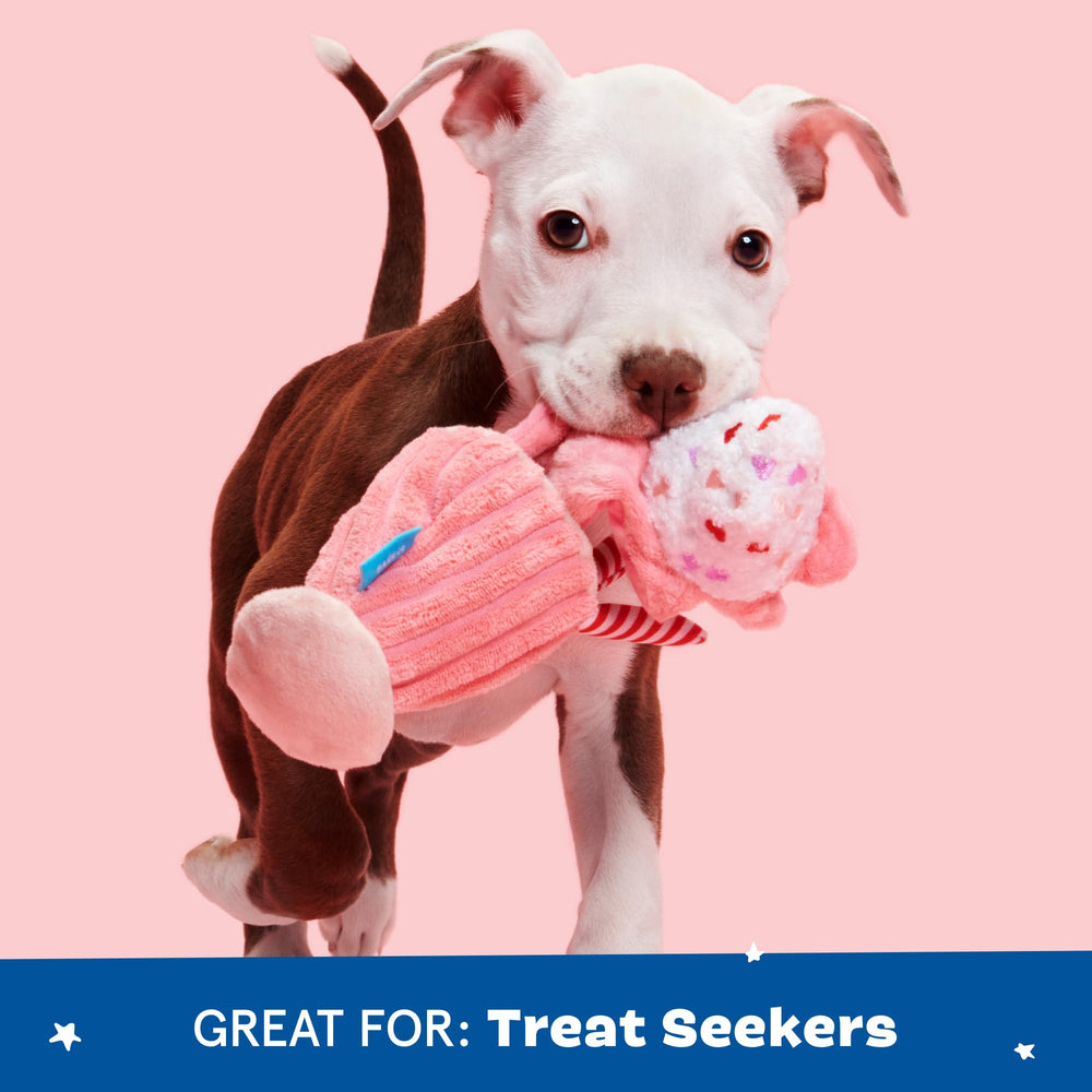 BarkBox Red Whine Milkshake hidden-treat-pocket promotes sniff-and-search play sessions.