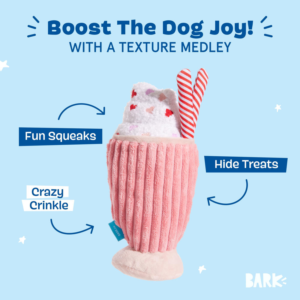 BarkBox Red Whine Milkshake toy side view highlights compact size ideal for small dogs.