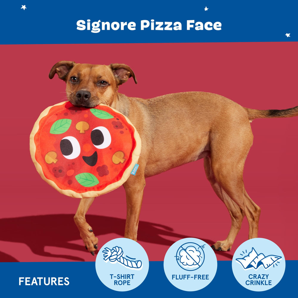 BarkBox Signore Pizza Face dog toy crinkle texture adds audible excitement during chew.