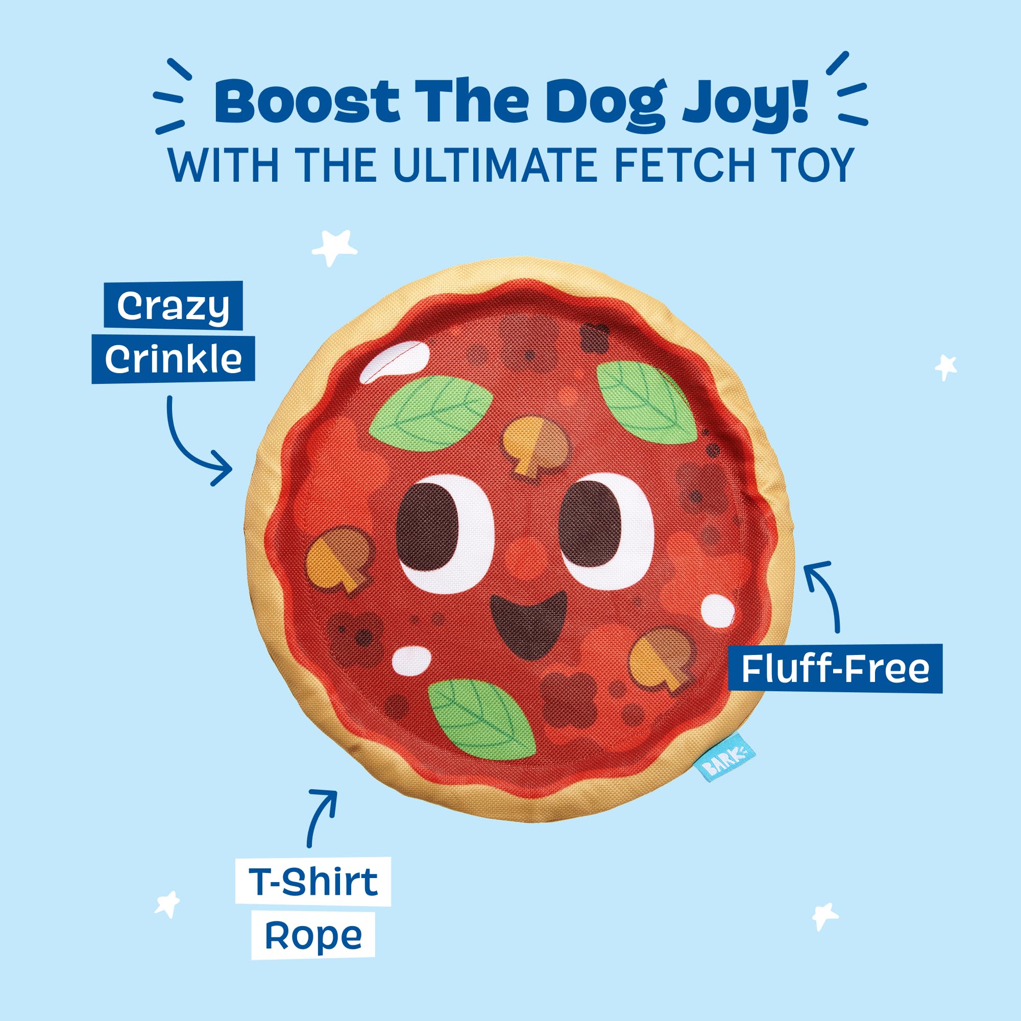 BarkBox Signore Pizza Face dog toy durable stitching supports teething and play for all sizes.