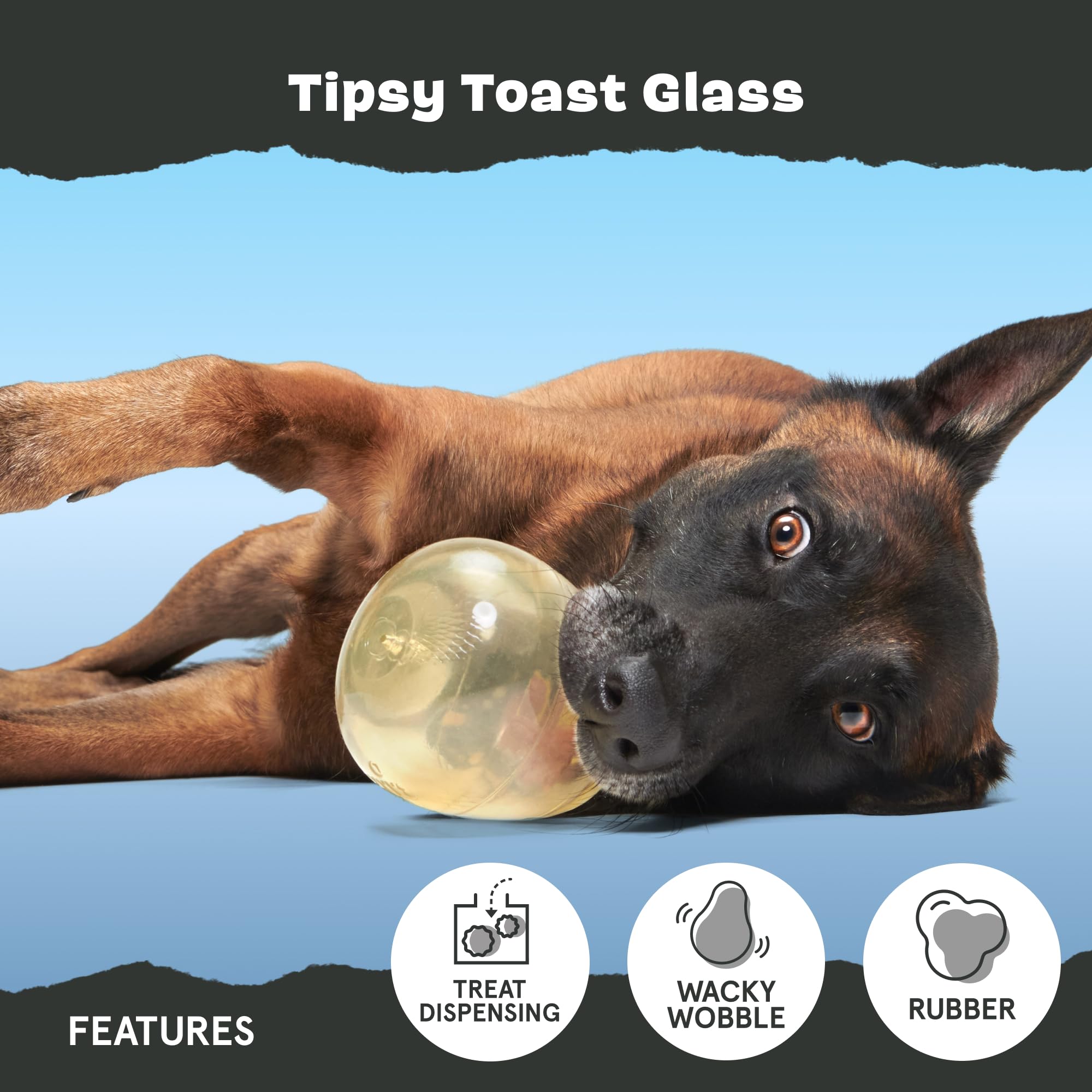 BarkBox Tipsy Rosé durable rubber stands up to chewing for medium to large dogs.