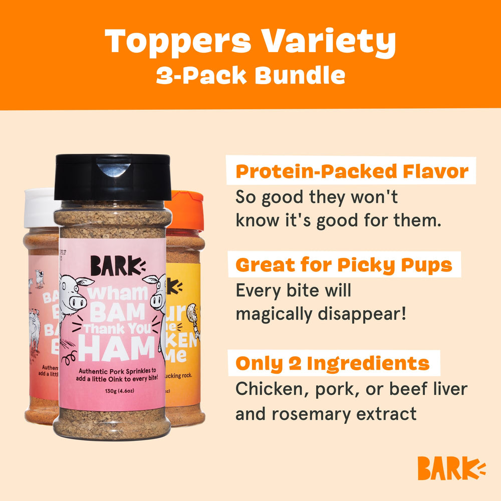 Barkbox variety-pack toppers beside different kibble styles