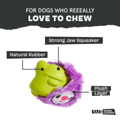 BarkBox Torbert Troll toy bounce detail demonstrates unpredictable wacky bounce for curious pups.