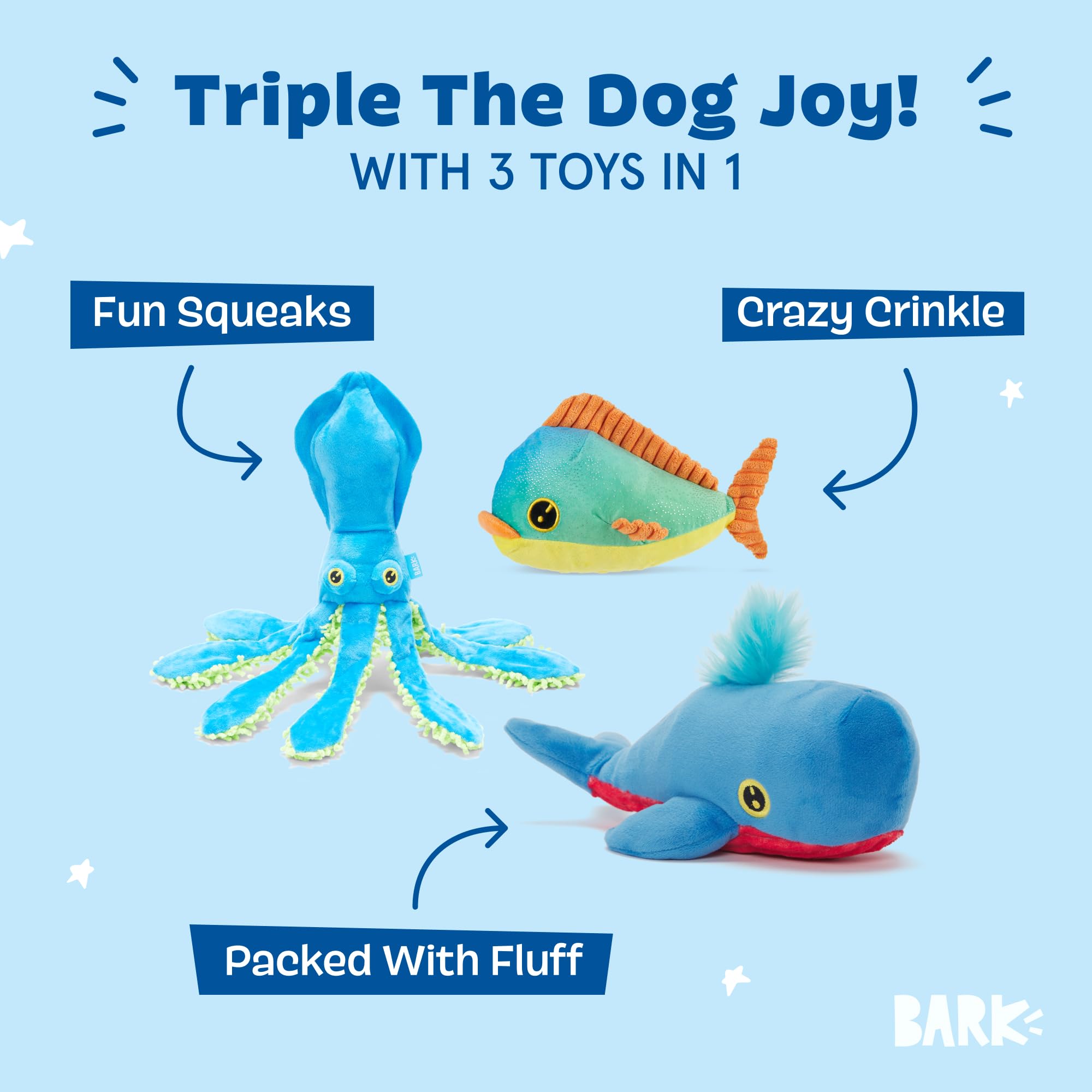 BarkBox Shify Sid the Squid toy with crinkle sound for indoor play
