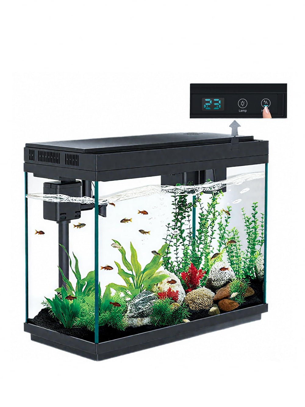 BarkBuddy fish tank front view on a desk, compact and organization-friendly