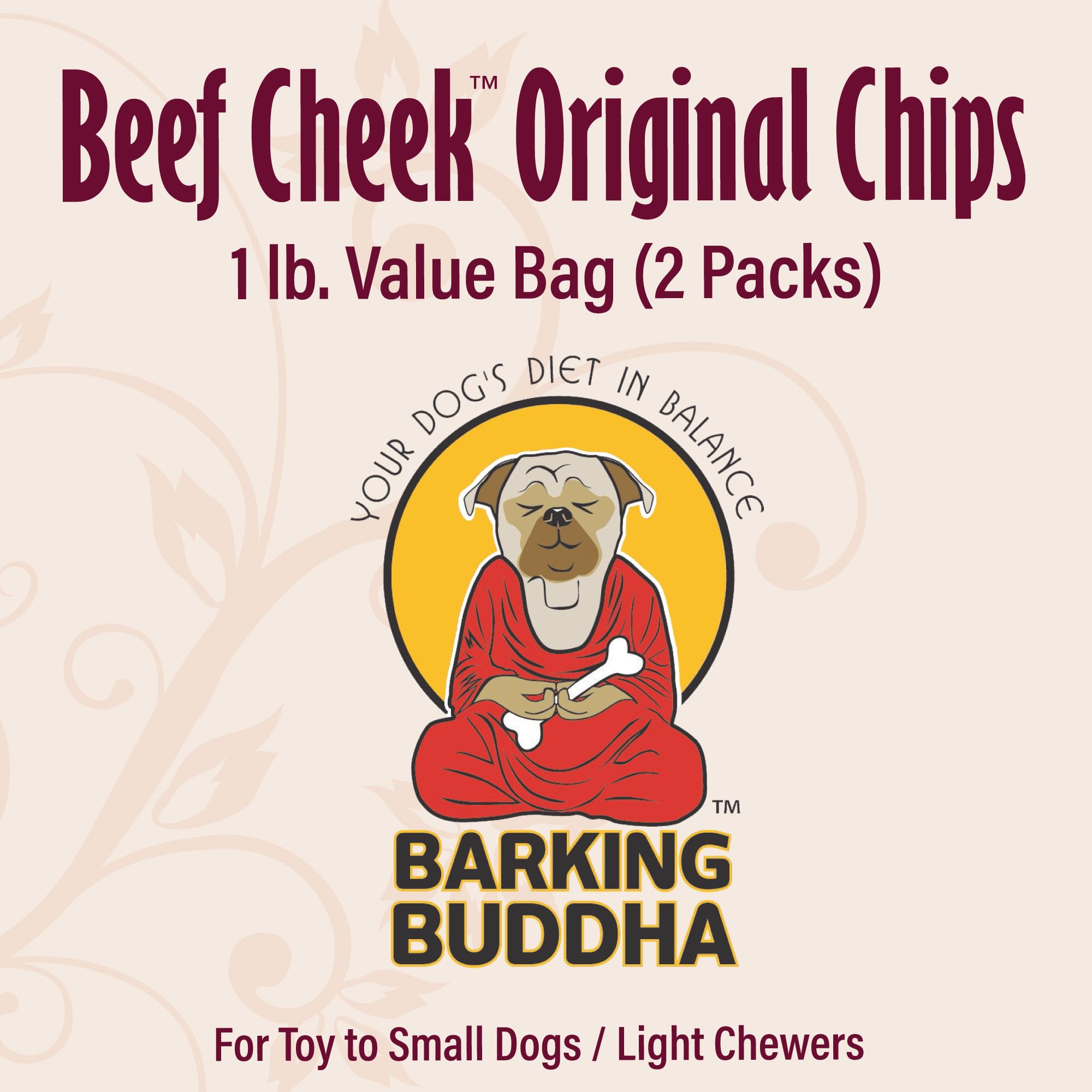 Barking Buddha Beef Cheek Chips closeup shows natural scent and single-ingredient chew.