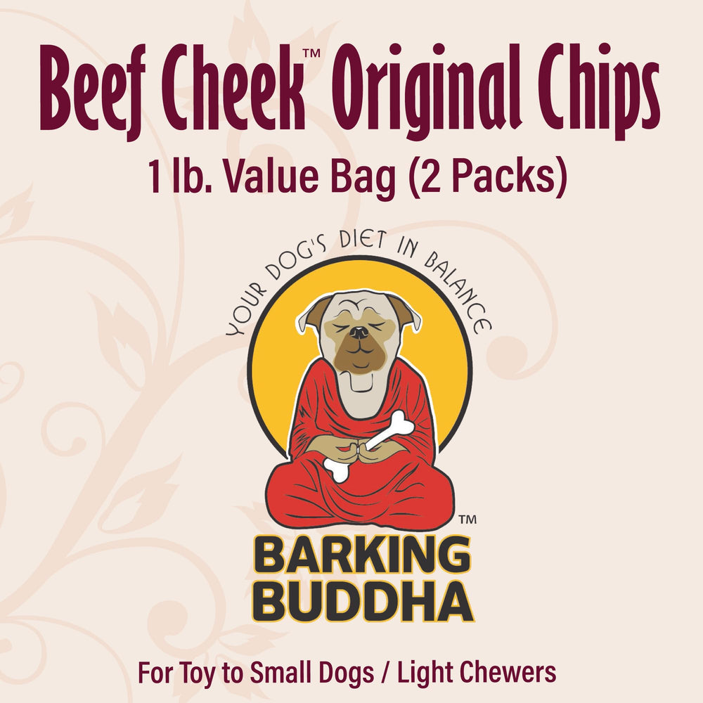 Barking Buddha Beef Cheek Chips closeup shows natural scent and single-ingredient chew.