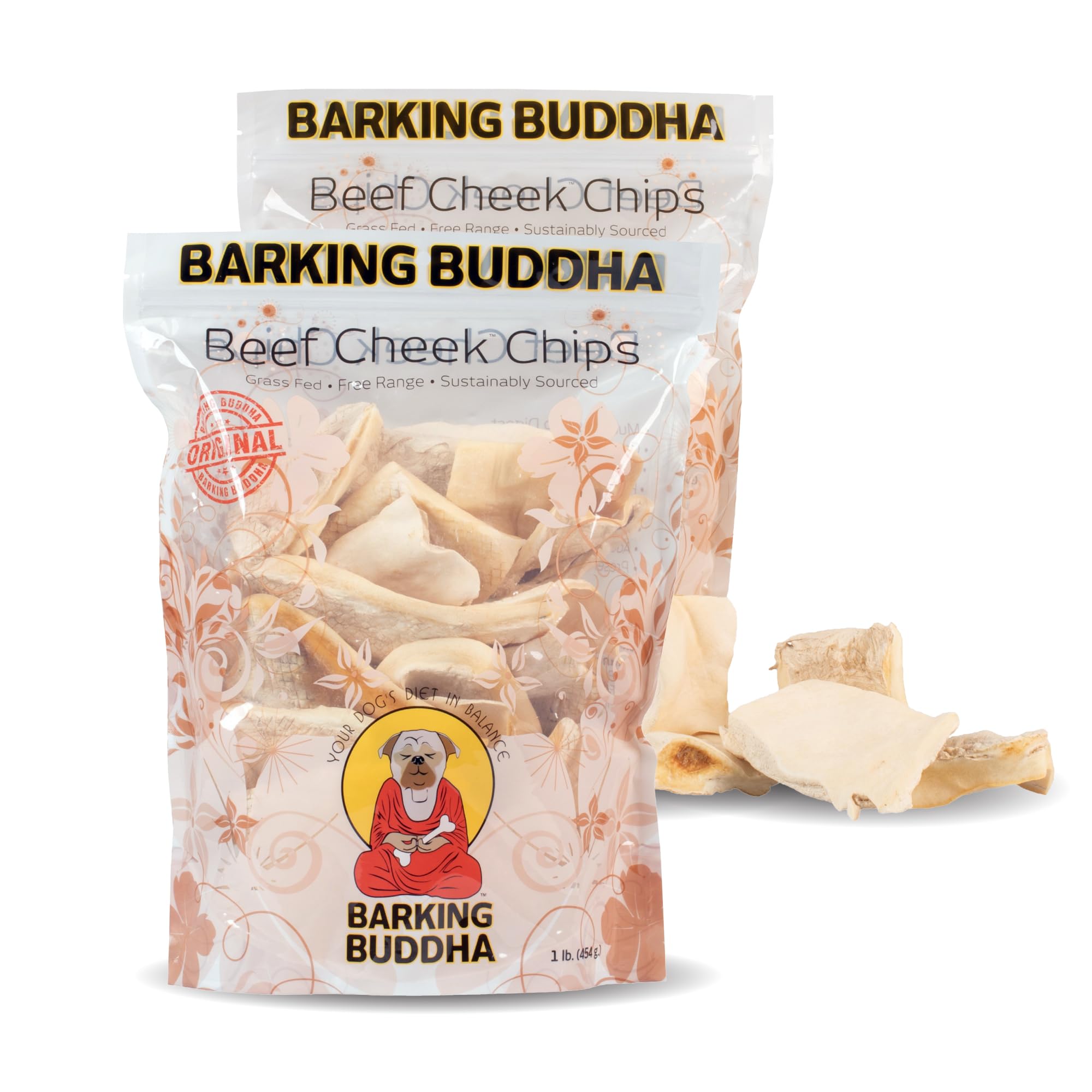 Barking Buddha Beef Cheek Chips extra thick bag front for long-lasting canine chewing.
