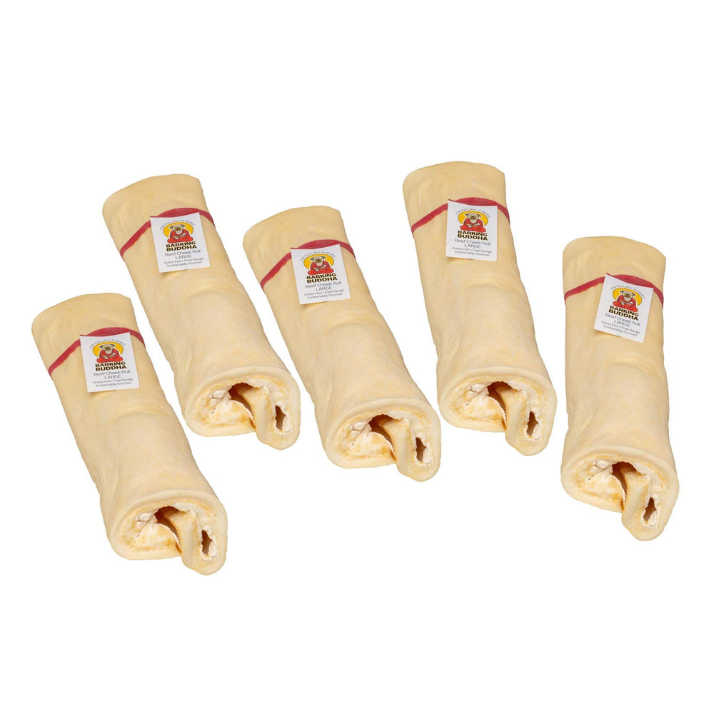 Barking Buddha Beef Cheek Rolls pack—large dog chews with long-lasting satisfaction.