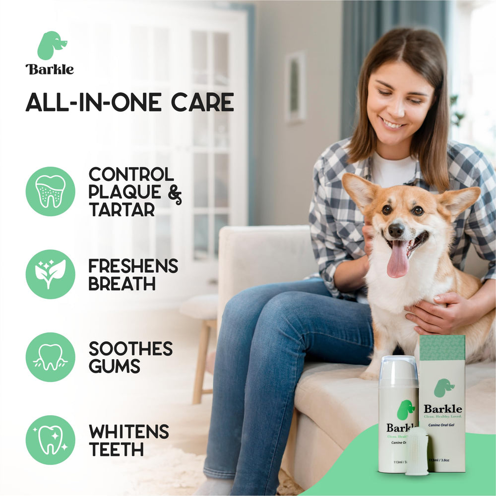 Barkle owner brushing kit in use showing bonding moment with pet.