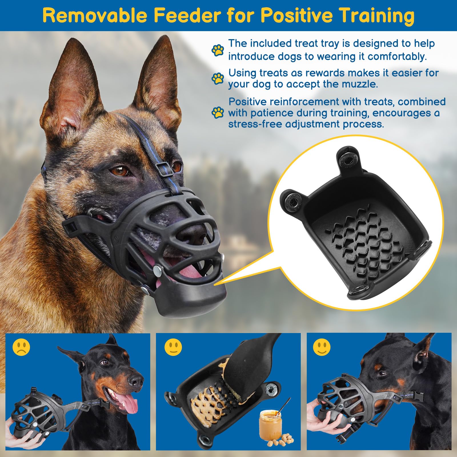 BARKLESS Basket Muzzle medium with snap-on treat cup for calm muzzle introductions.