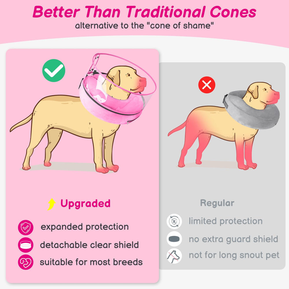 BARKLESS donut cone worn by dog supports comfortable recovery and eating.