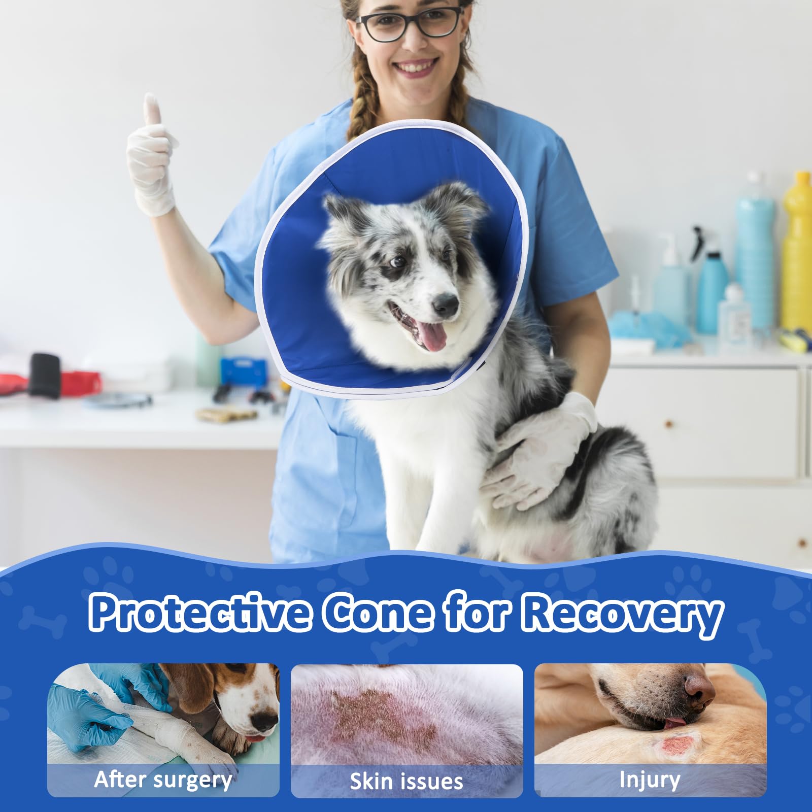 BARKLESS dog cone blue adjustable hooks and loops for secure fit