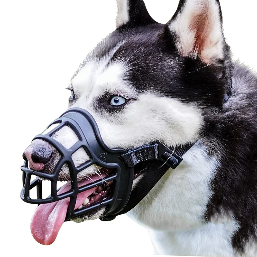 BARKLESS basket-design muzzle for safe socialization and comfort.