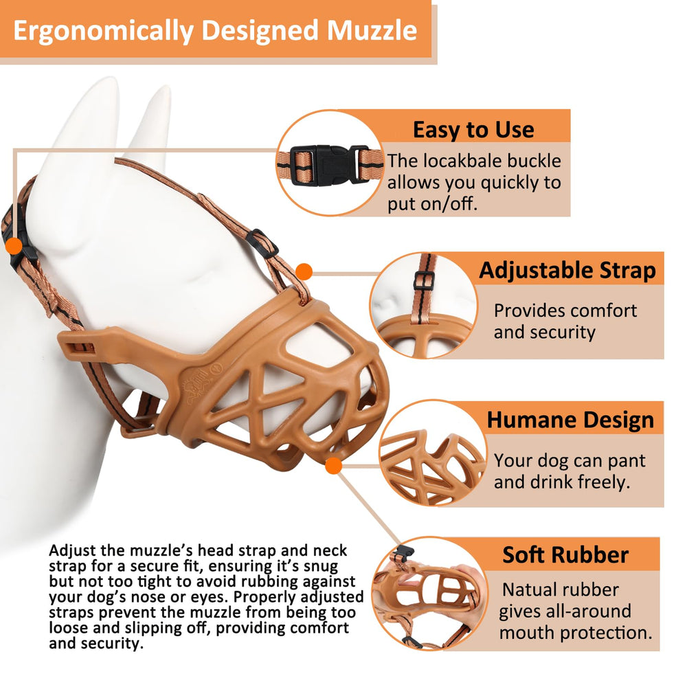 BARKLESS basket muzzle on-dog-head showing secure, comfortable fit.