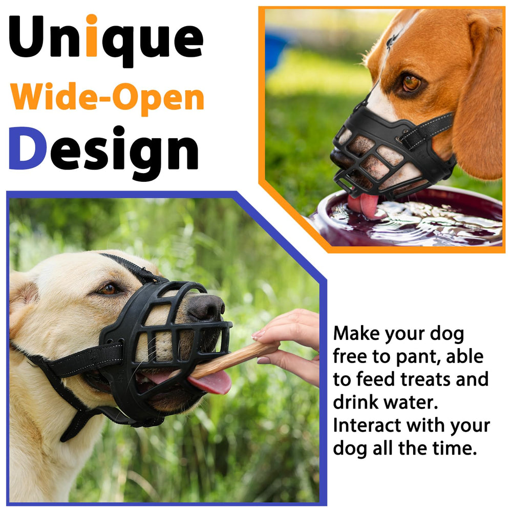 BARKLESS overhead strap system keeps muzzle in place on dog