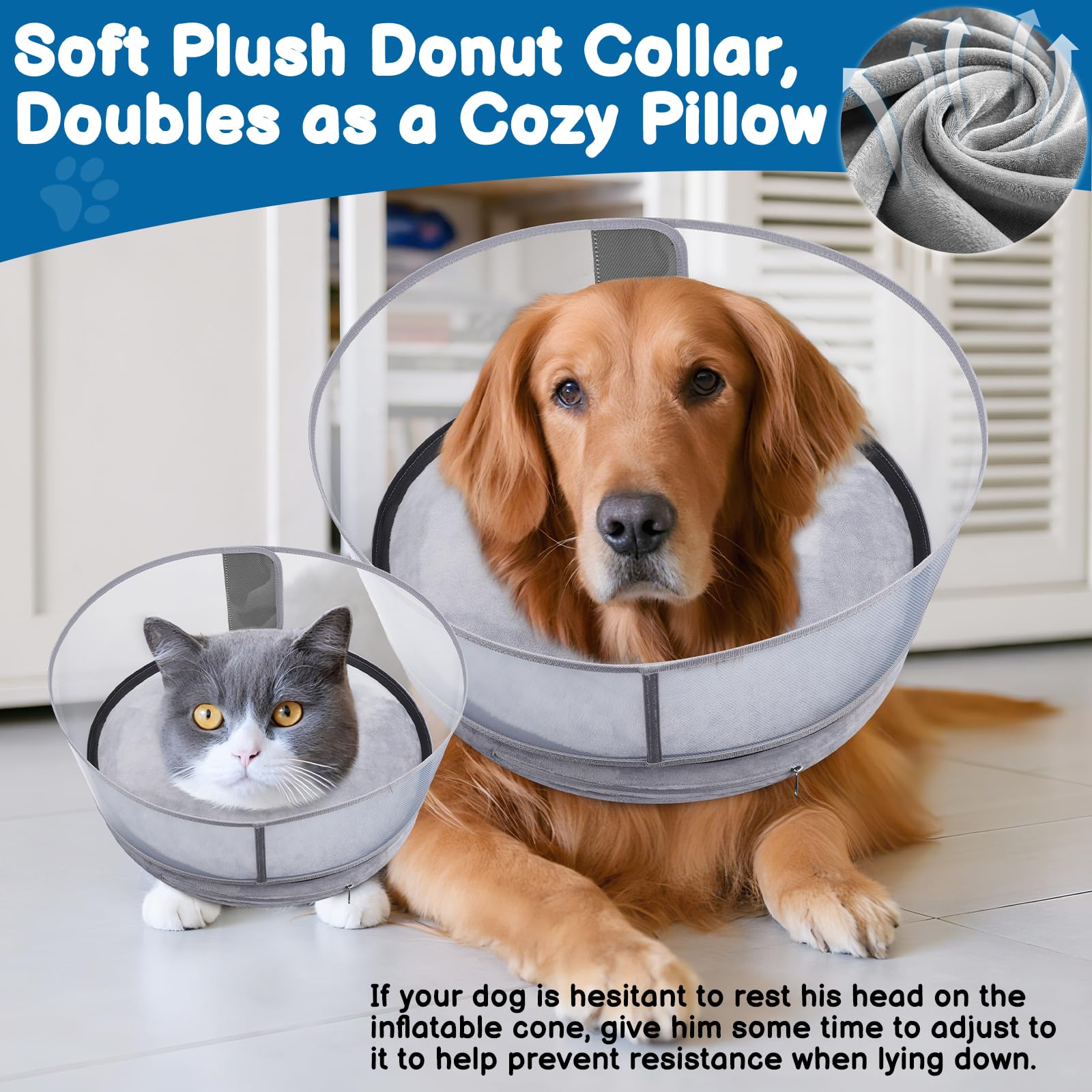 BARKLESS donut collar inner-strap exposure shows secure fit with regular collar integration