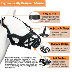 BARKLESS XL black side profile muzzle with secure, adjustable fit.