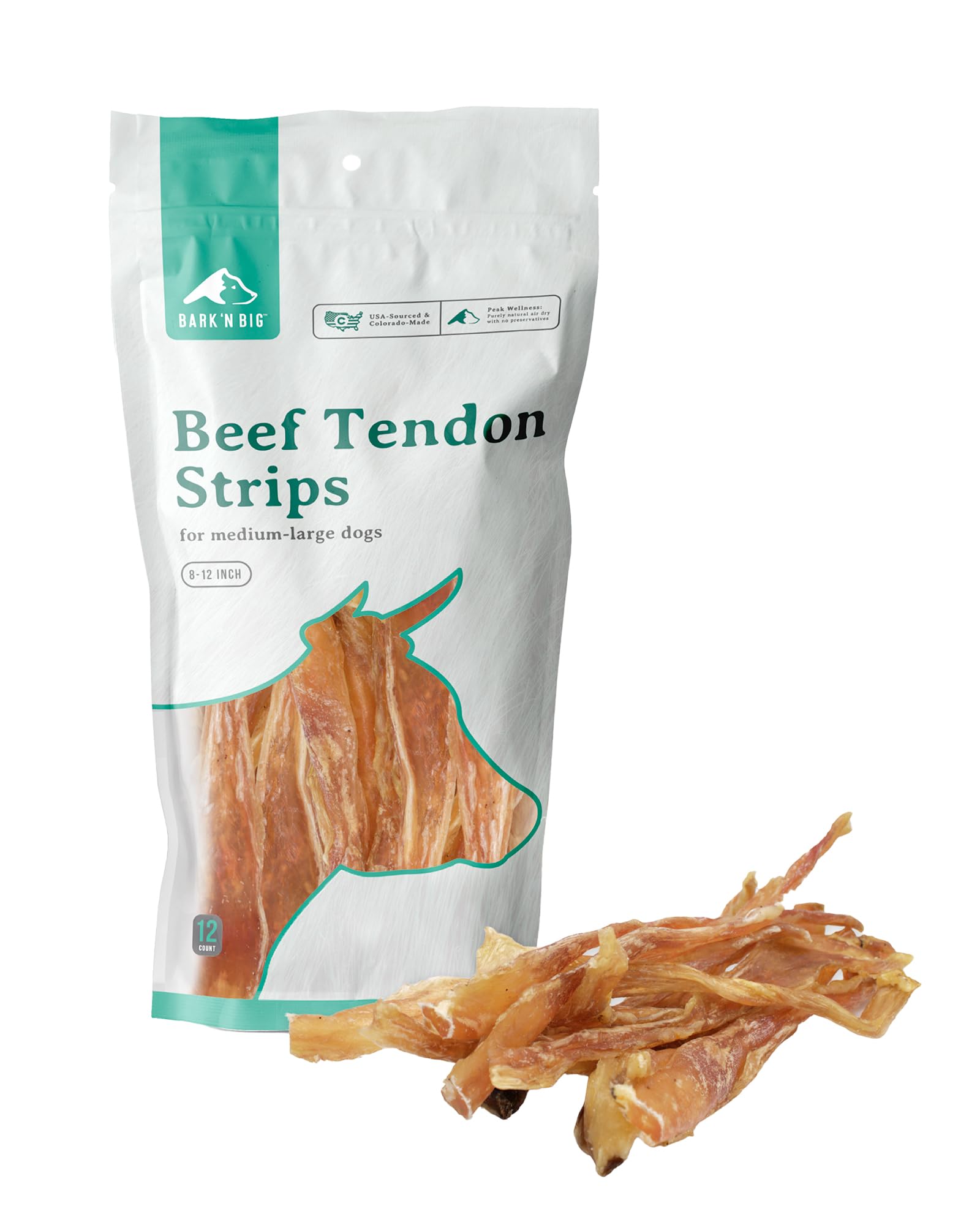 BARK'N BIG beef tendon chews packaging shows USA-made, single-ingredient protein.
