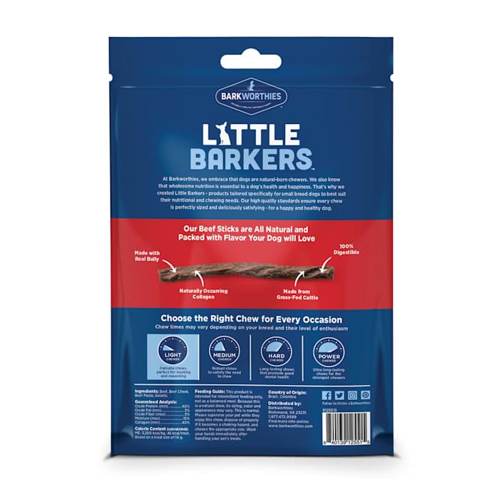 Barkworthies Little Barkers Beef Sticks with Collagen close-up highlighting chew texture for dental health support.