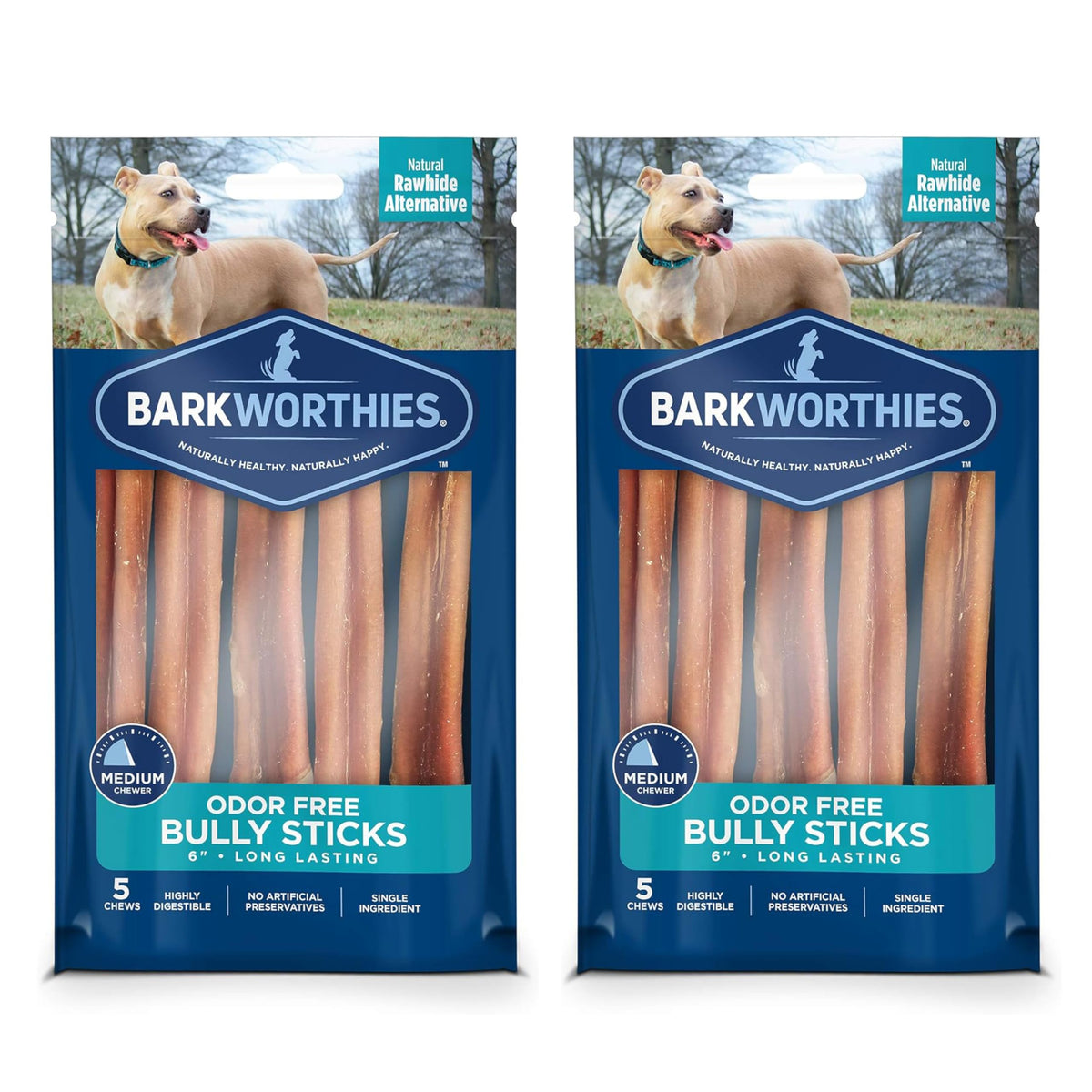 Barkworthies odor-free bully sticks 2-pack packaging offering long-lasting, mess-free chews.