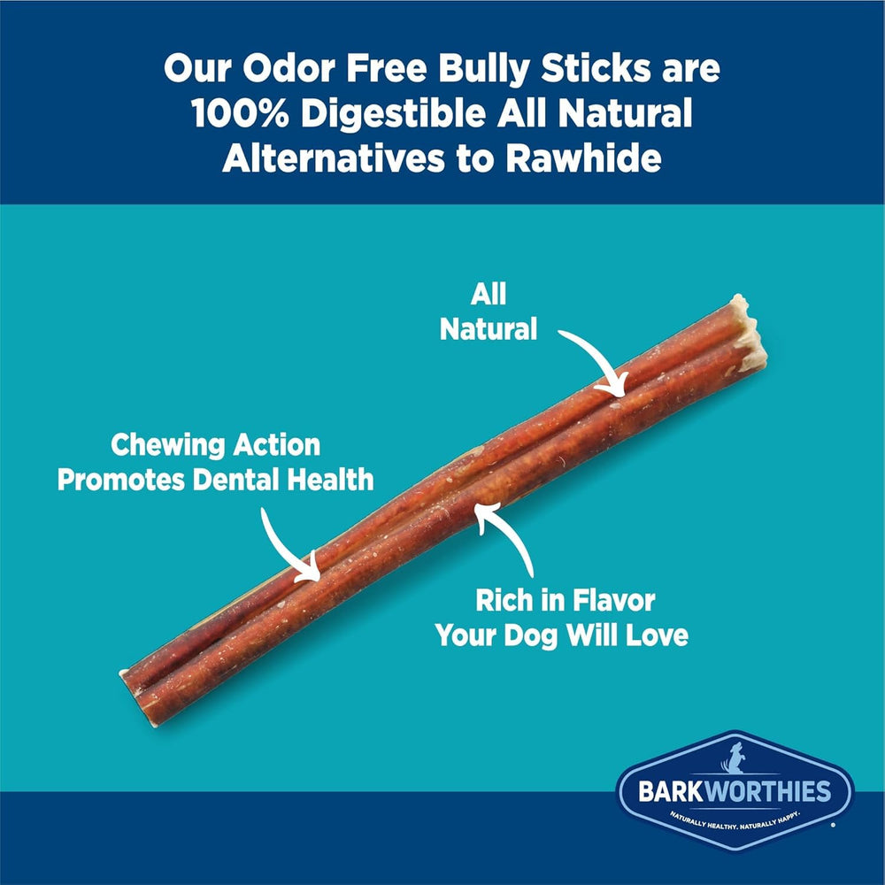 Barkworthies 6-inch bully sticks with beef pizzle flavor for chewy, protein-rich treats.