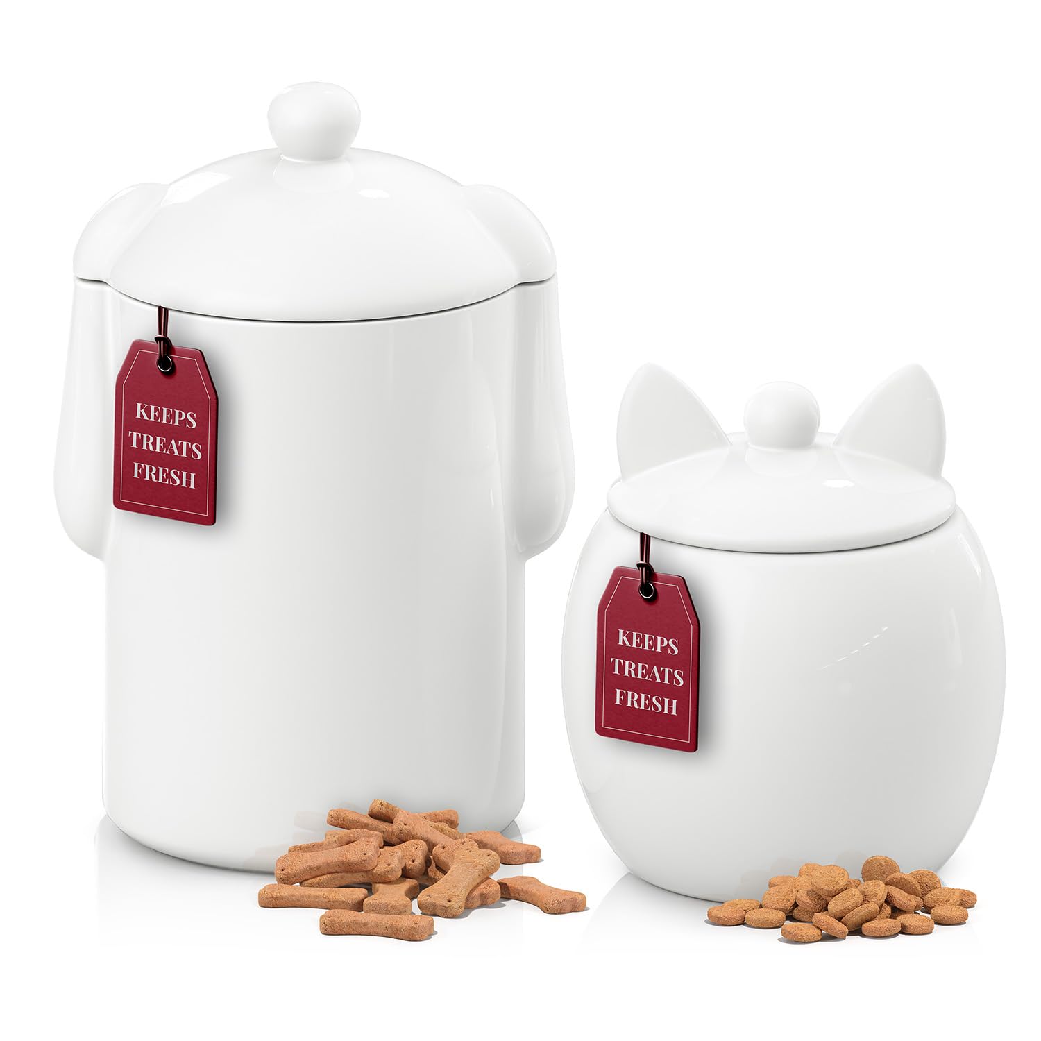 Barnyard Designs dog and cat treat containers on counter with lids for tidy pet storage