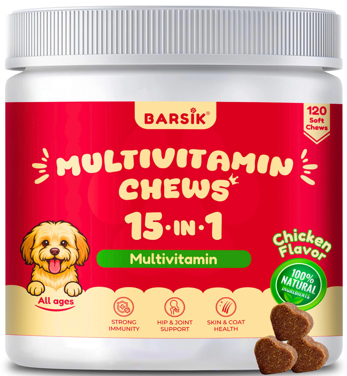 BARSIK dog multivitamin packaging shows all-in-one daily health support with chicken flavor.