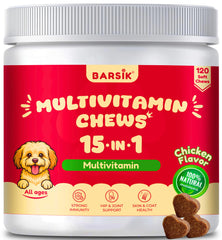 BARSIK dog multivitamin packaging shows all-in-one daily health support with chicken flavor.