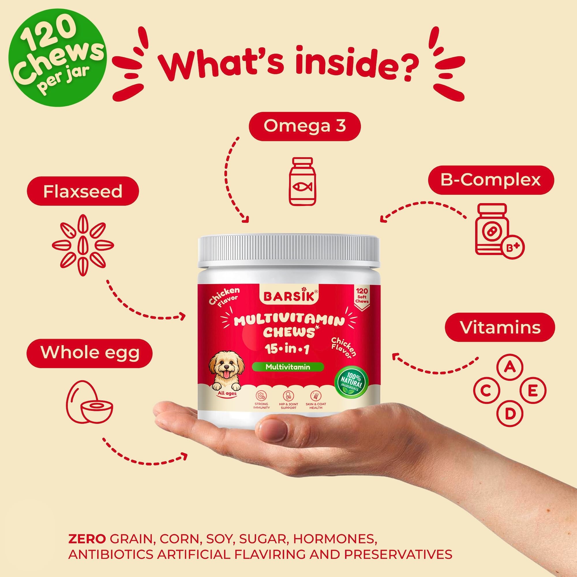 BARSIK dog multivitamin skin-coat chews promote shiny coat and healthy skin.
