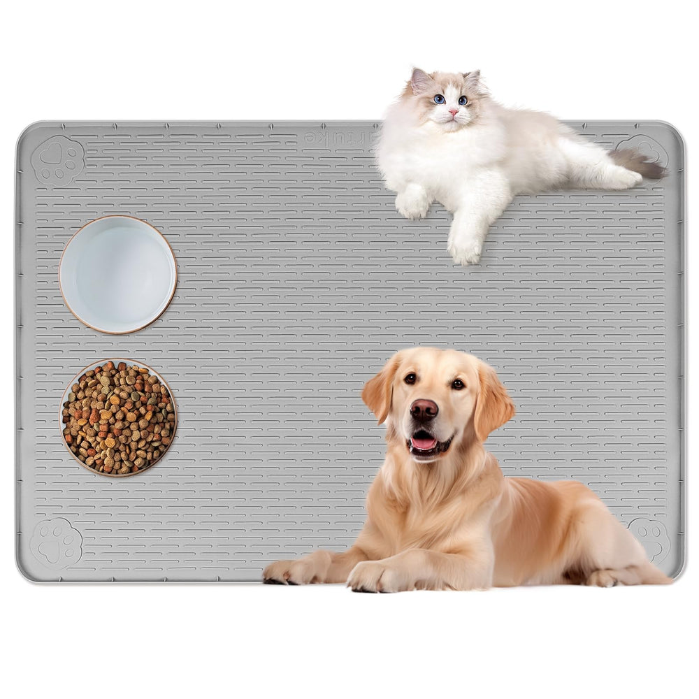 Bartuke cat food mat on floor with two bowls protects floors and reduces spills.