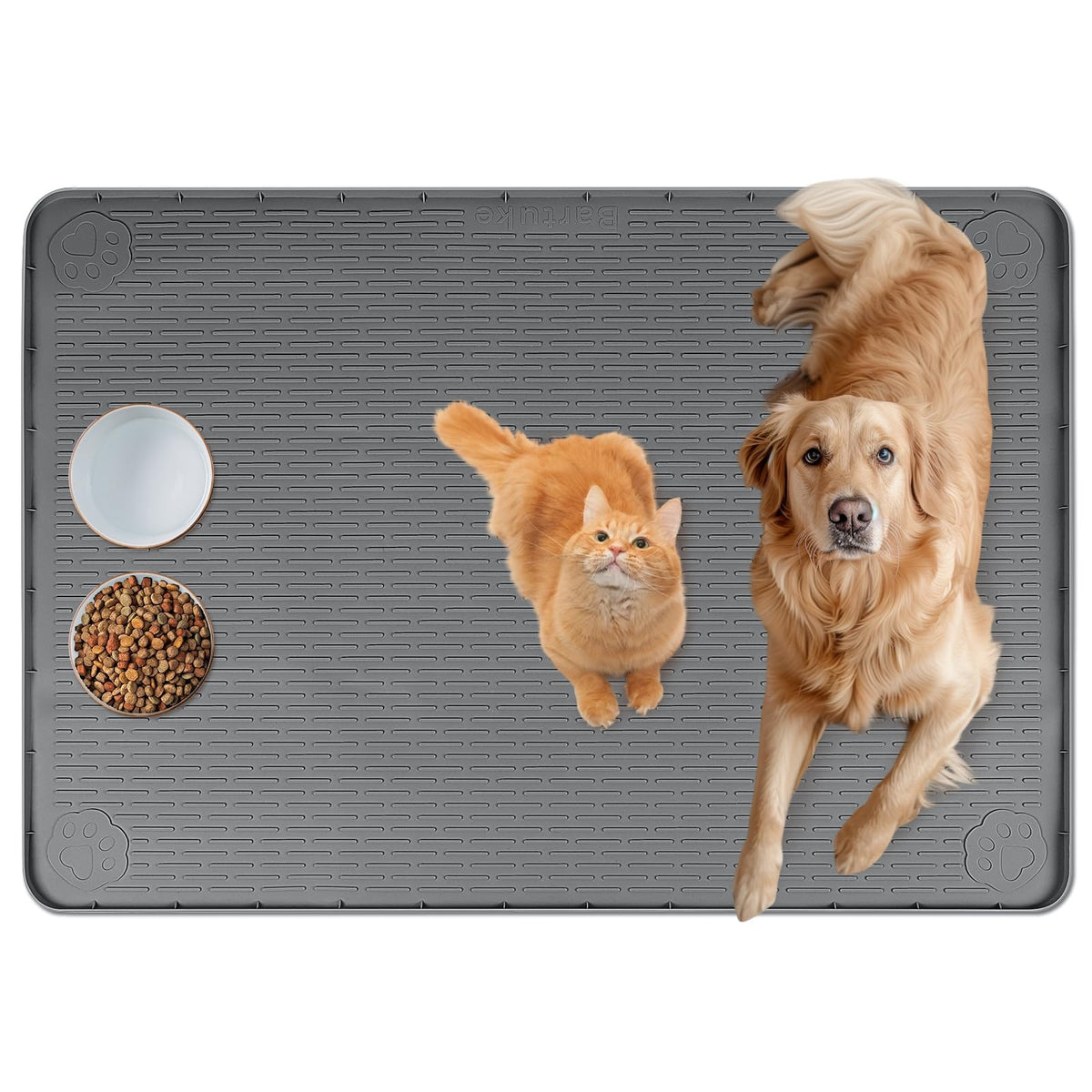 Bartuke cat food mat 40x28 laid out with multiple bowls to prevent spills.