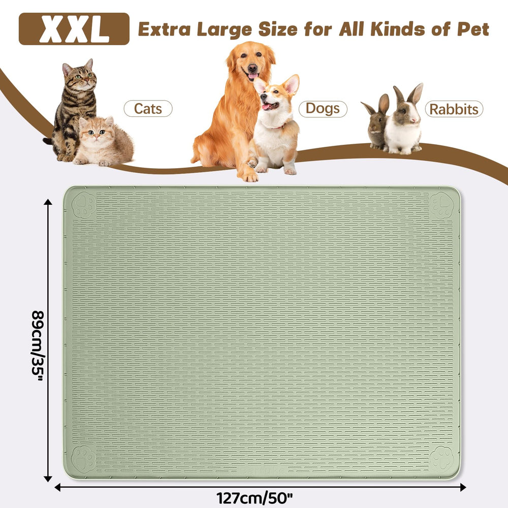 Bartuke cat food mat flat green provides a large feeding area for multiple bowls.