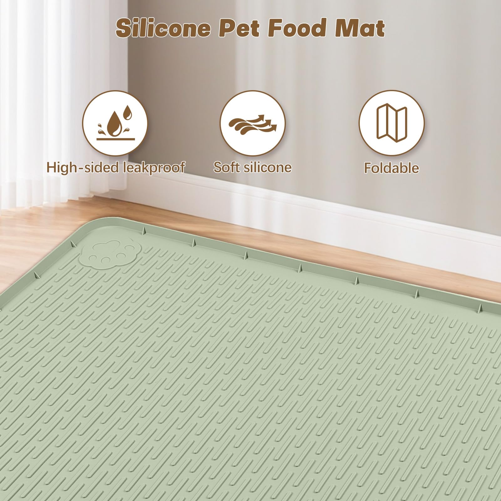 Bartuke cat food mat raised edge green helps contain spills and paws.