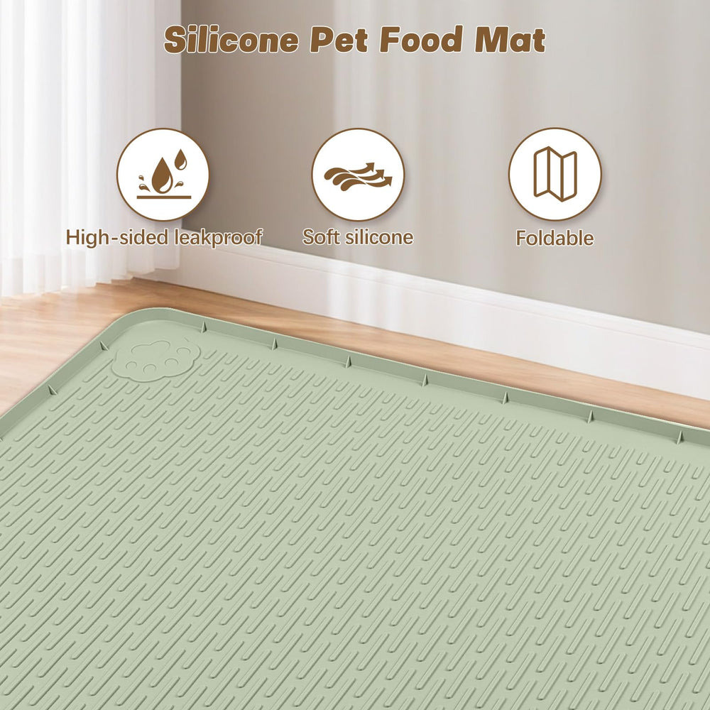 Bartuke cat food mat raised edge green helps contain spills and paws.