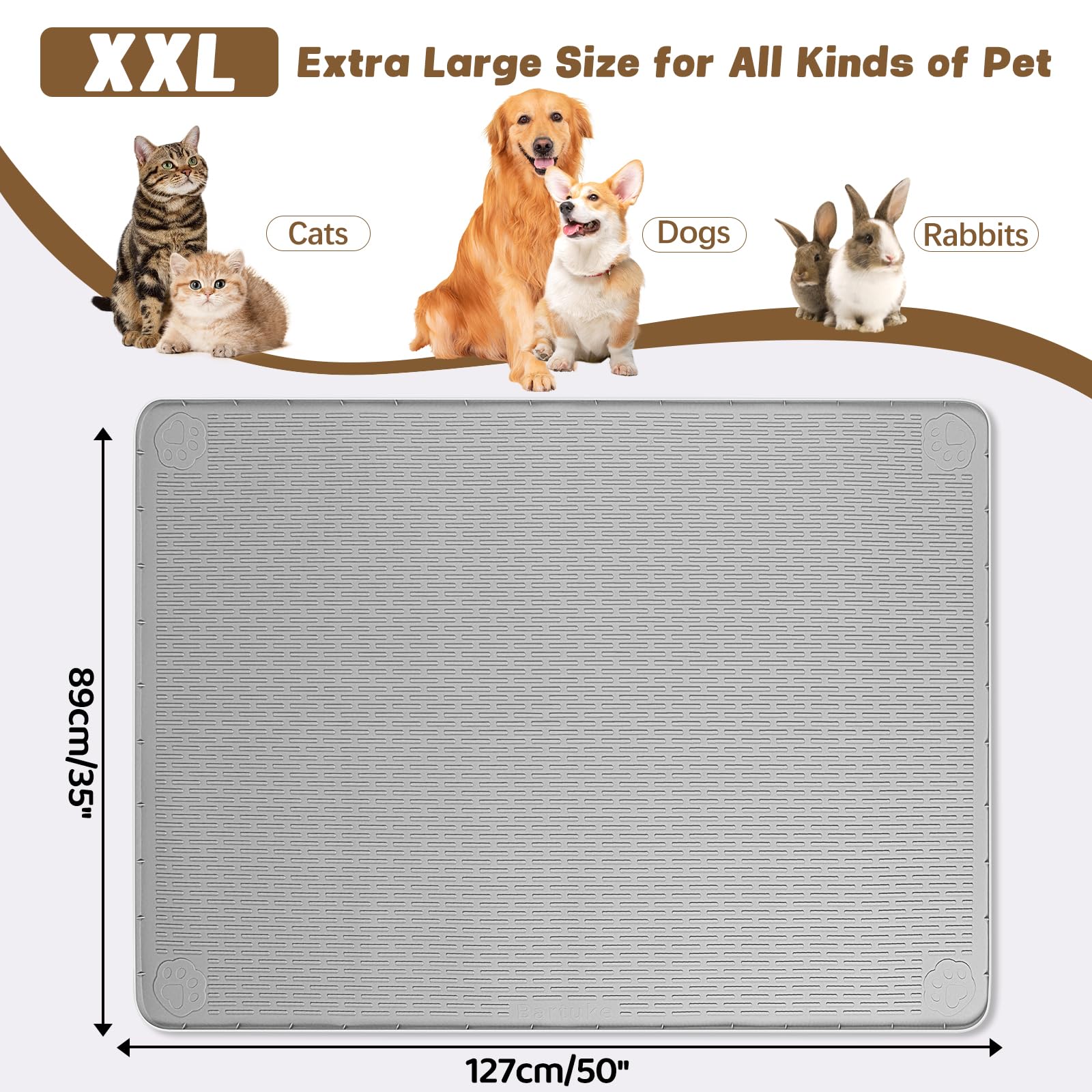 Bartuke cat food mat grey with raised edge to contain spills.
