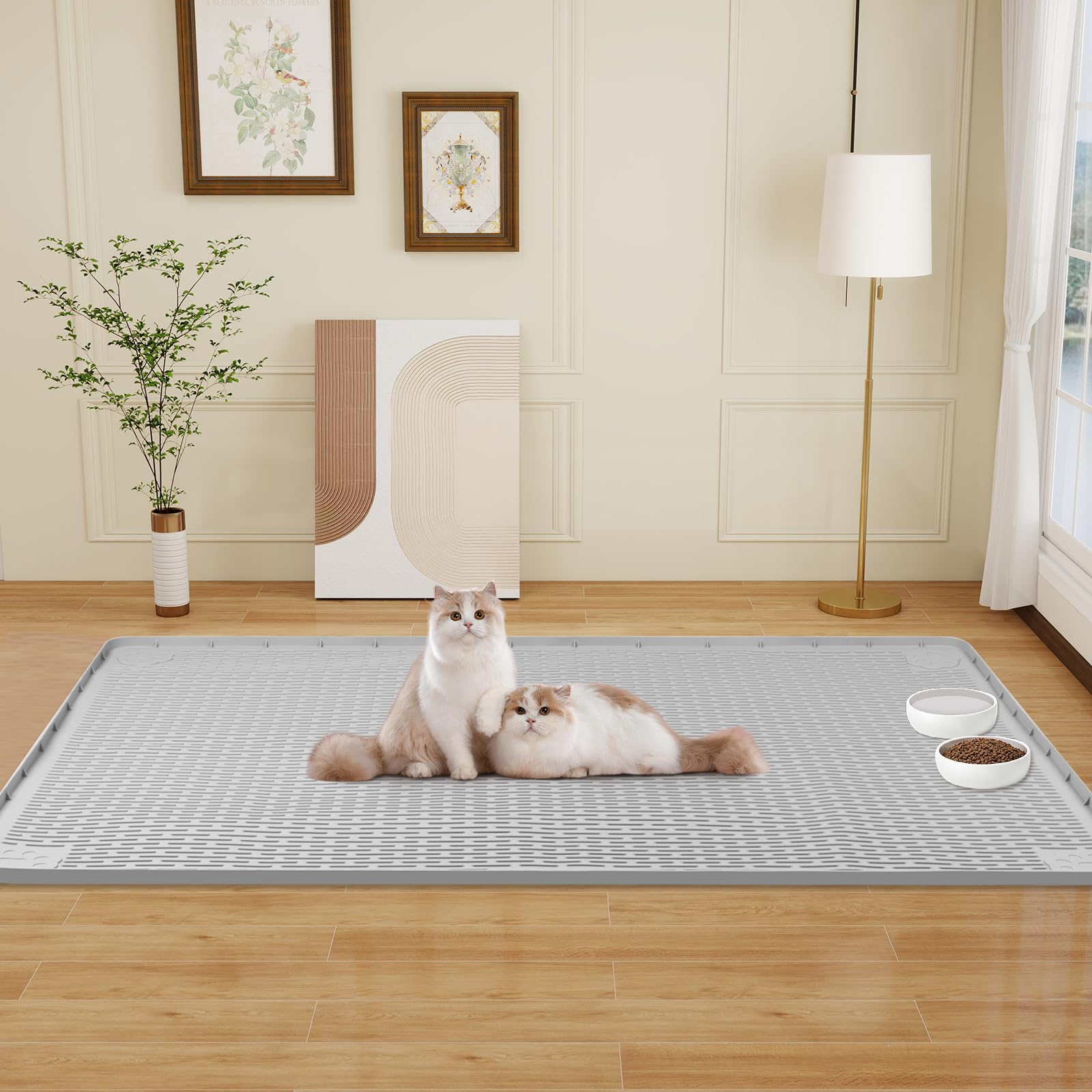 Bartuke mat doubles as litter mat and spill catch for pets.