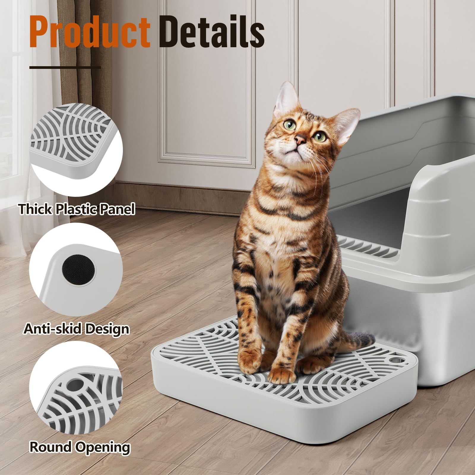 Bartuke cat litter box ramp in-use with kitten emphasizes reduced litter tracking.