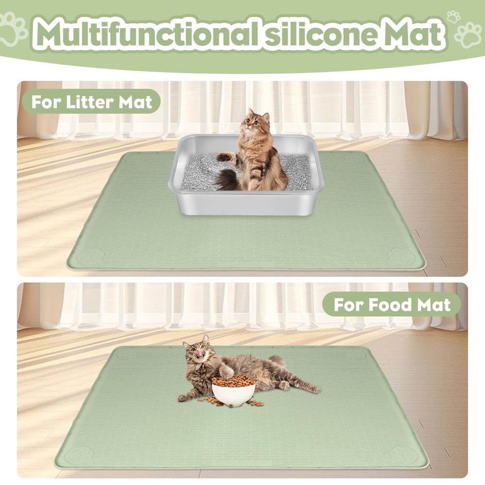 Bartuke Cat Litter Mat under food bowls catches spills and debris.