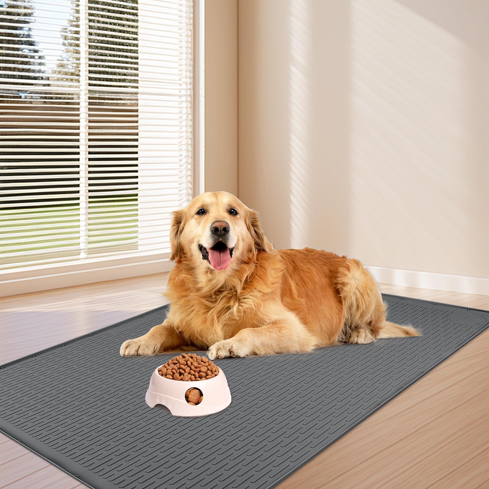 Bartuke dark grey mat blends with decor while containing mess.