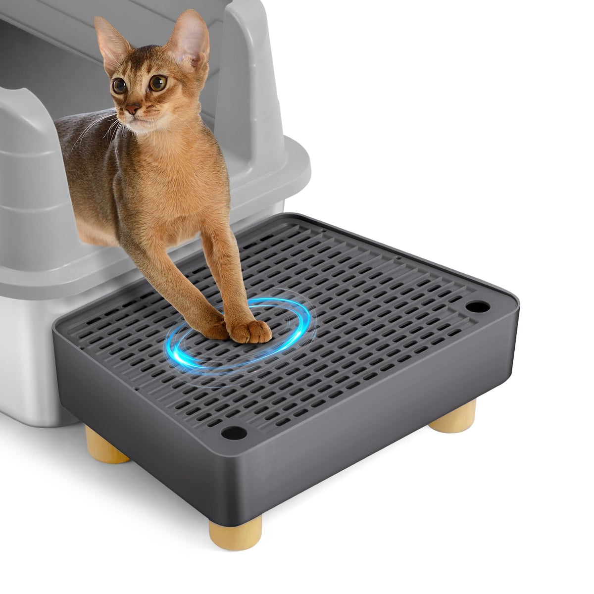 Bartuke extra large cat litter box step ramp side view with wooden feet for stability and reduced tracking