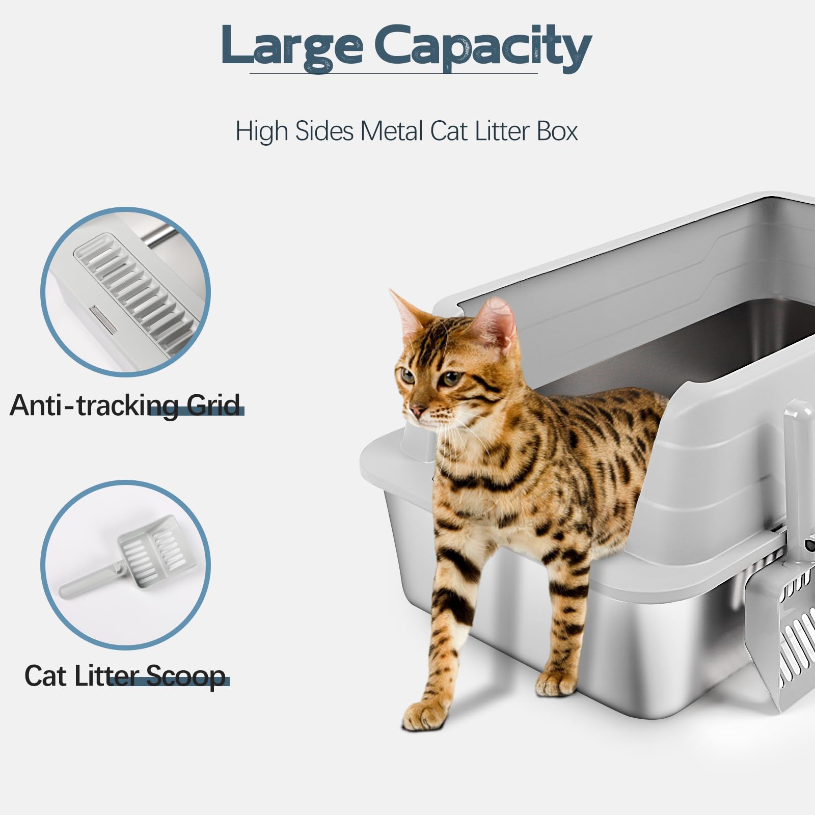 Bartuke stainless steel litter box close-up shows non-slip feet for stability.