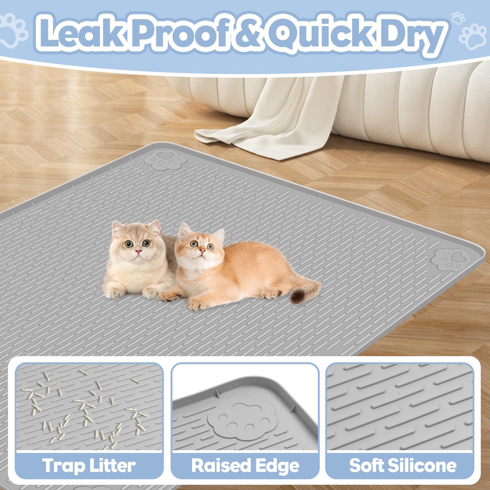 Bartuke mat under litter box demonstrates effective scatter control and easy cleaning.