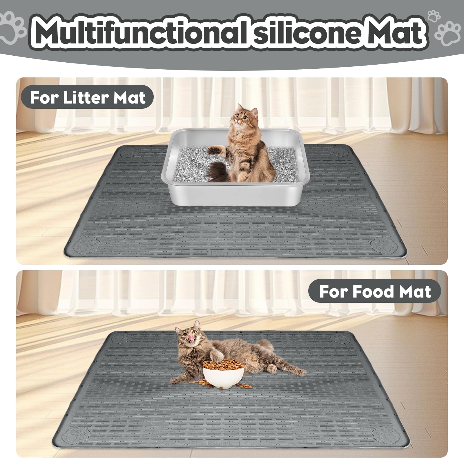 Bartuke multiuse cat mat under bowls catches spills and crumbs.