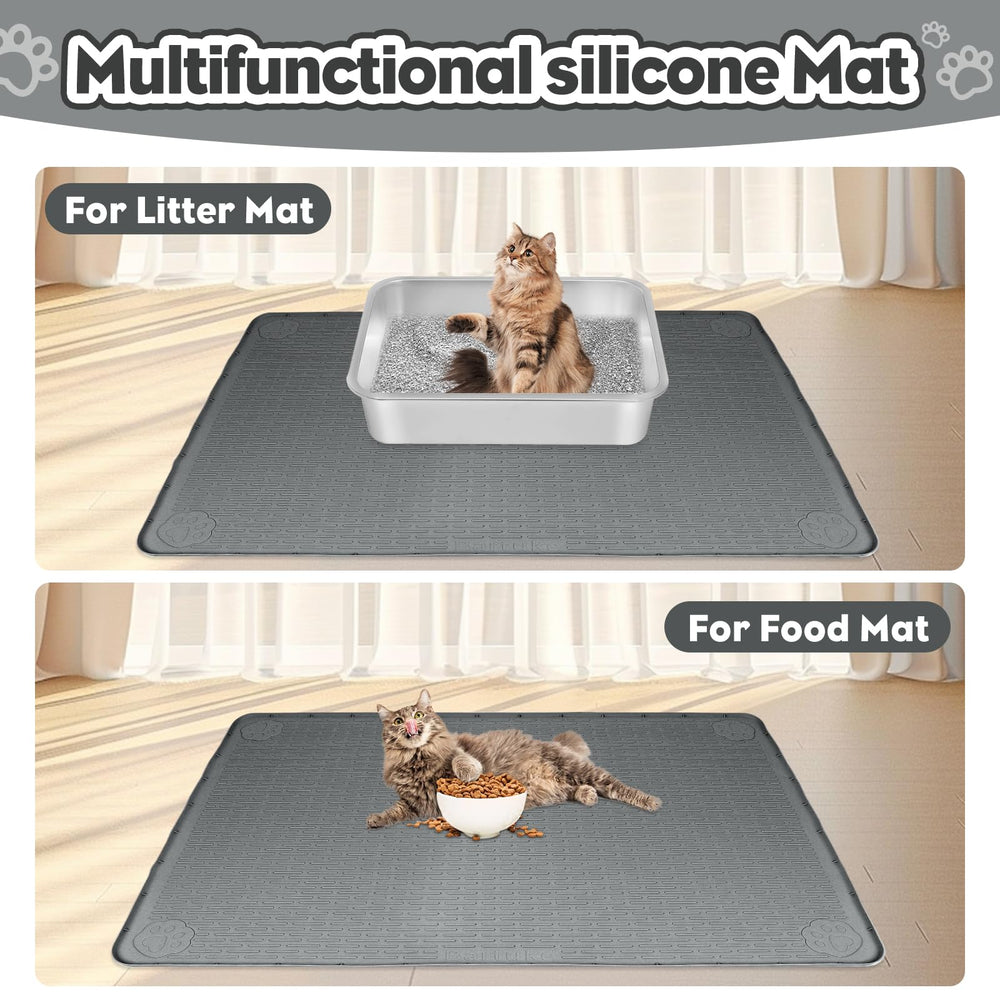 Bartuke multiuse cat mat under bowls catches spills and crumbs.